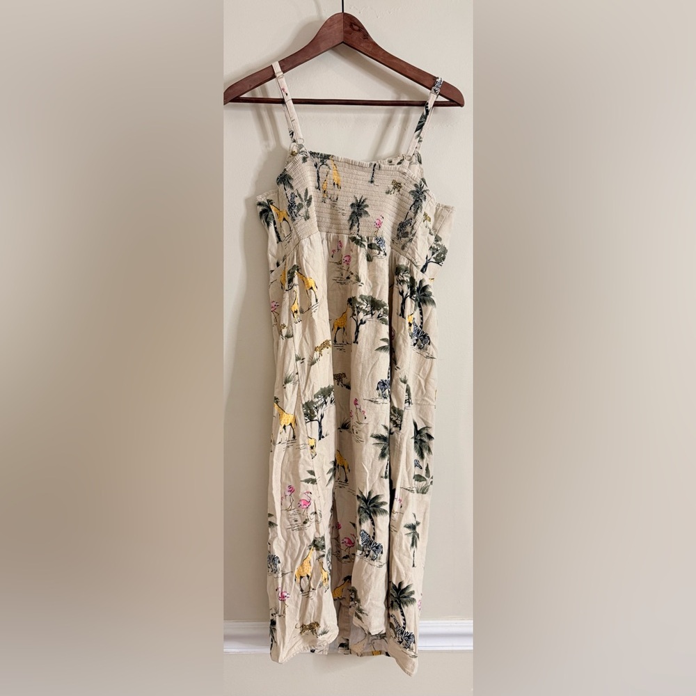 Old navy Safari Print tan Dress linen blend size large - Picture 3 of 8